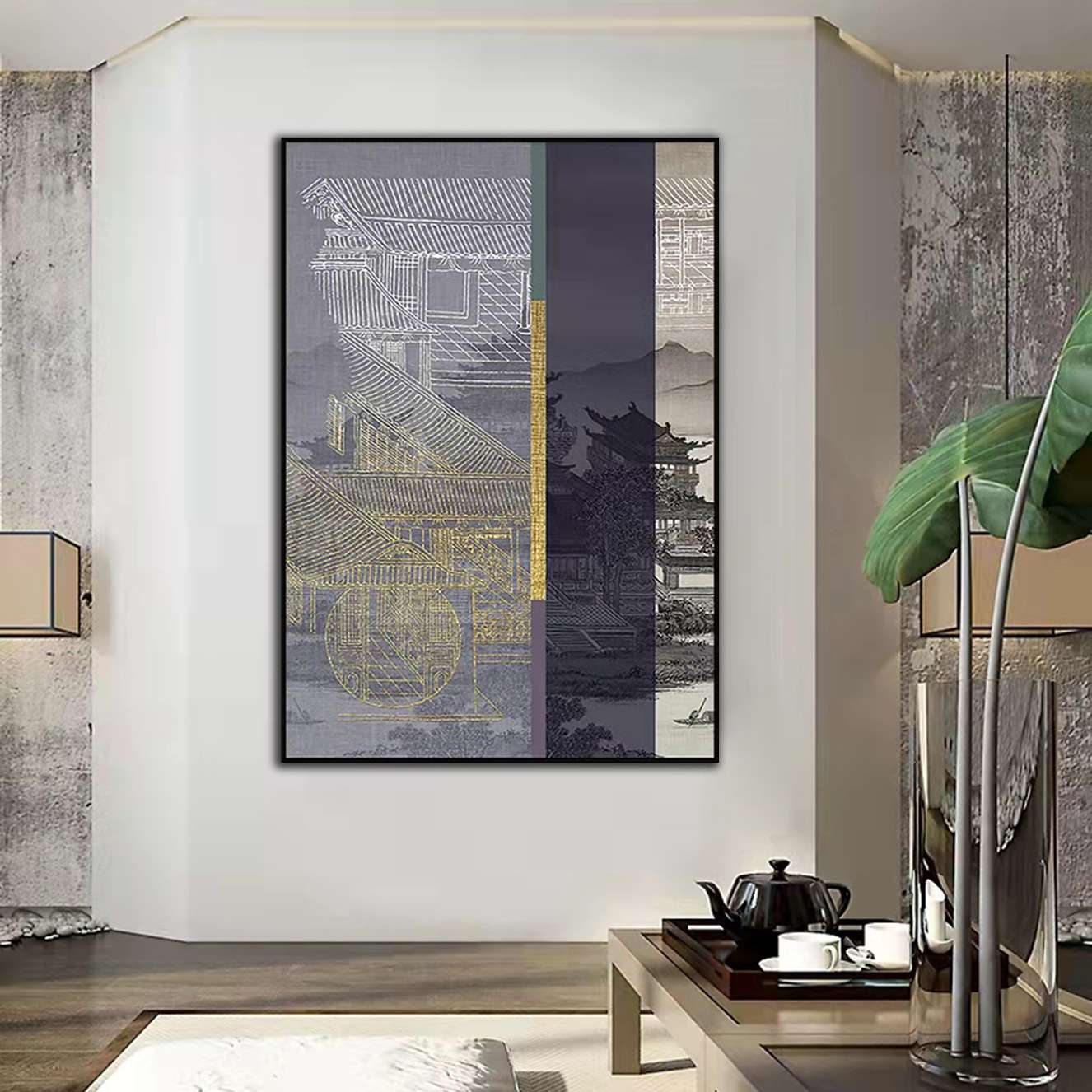 新中式入户玄关风景建筑肌理浮雕立体客厅沙发背景装饰画酒店挂画图片