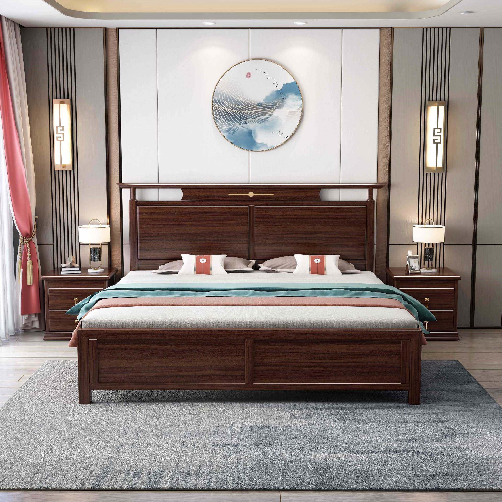 金丝檀木新中式实木床现代简约1.8米卧室婚床高箱双人床储物家具