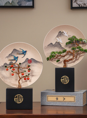 新中式摆件柿子青松盆景摆盘客z厅酒柜装饰品玄关柜办公室乔迁礼