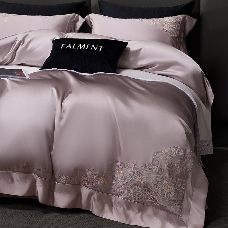 高级真丝棉锦锻四件套100S长绒棉精湛刺绣被套床盖U床单床品灰咖