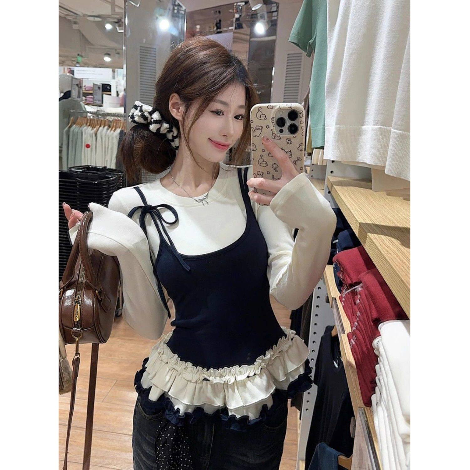 花边设计感长袖针织衫女装春季胖MM显瘦内搭打底衫假两件背心上衣