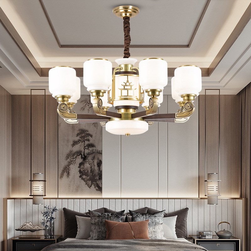 新中式别墅复式楼大吊灯全铜跃层楼中楼中空复试大灯X挑空客厅铜