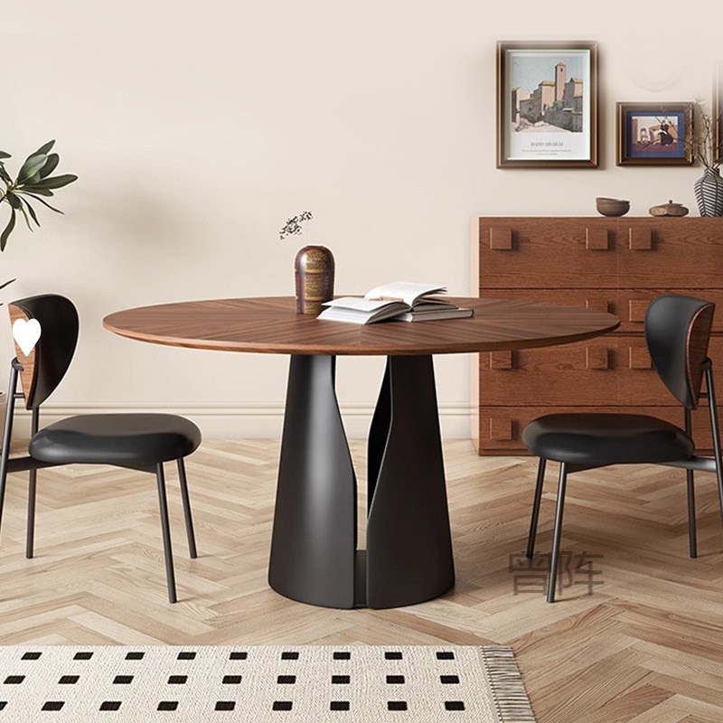 曾p1中古实木圆形餐桌家用小户型岩板饭桌法P式复古转盘圆桌商用