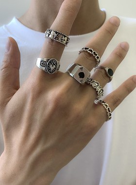 男款复古7件套爱心五角星戒指 z欧美潮流金属嘻哈个性帅酷指环组