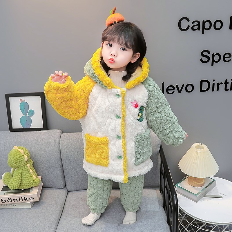 女童睡衣儿童珊瑚k绒三层夹棉加厚冬季新款婴幼儿宝宝法兰绒家居