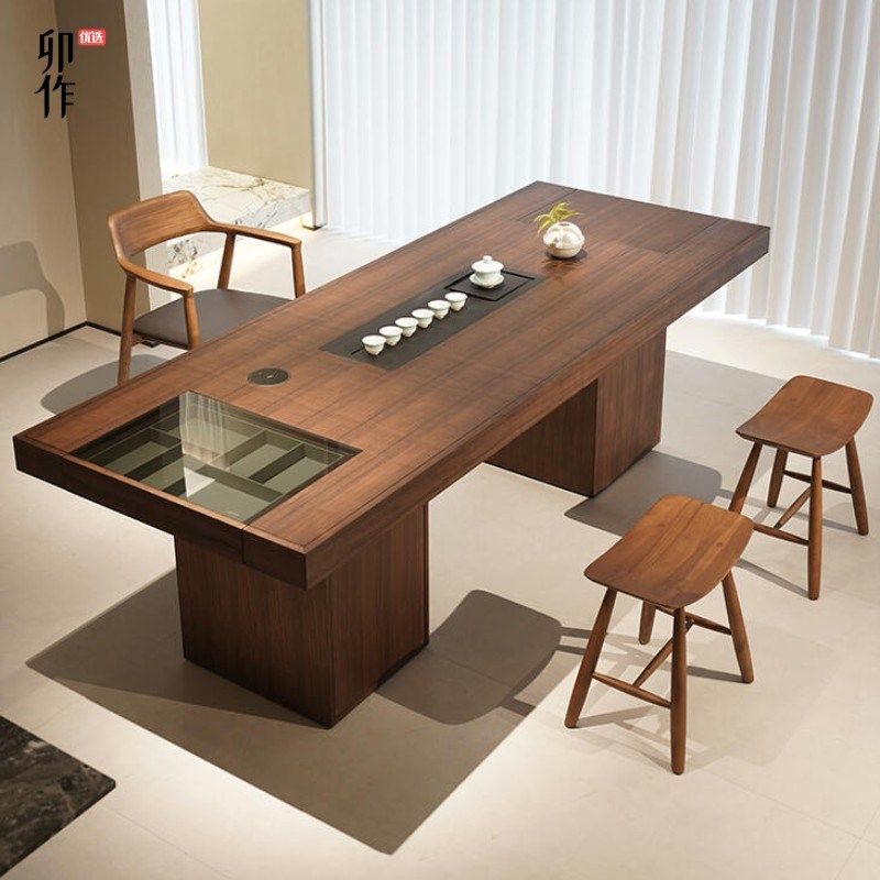 新中式黑胡桃木茶桌意式极简2025实F木大板高端定制茶台办公室家