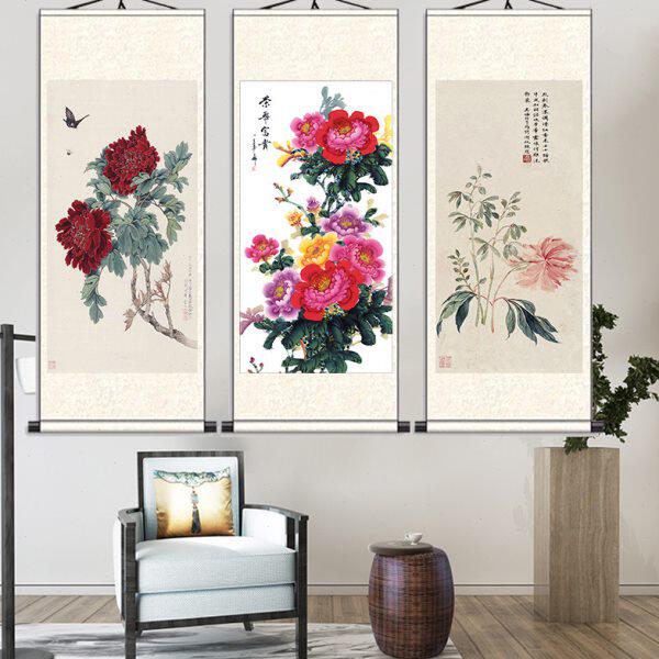 国画牡丹图家居客厅装饰荣华富贵花鸟画丝绸条幅壁画酒店玄关挂画