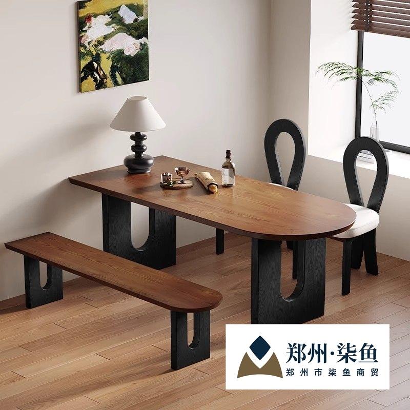 法式中古风实木岛台餐桌椅家用小户型靠墙半圆形饭桌洽谈接待长桌