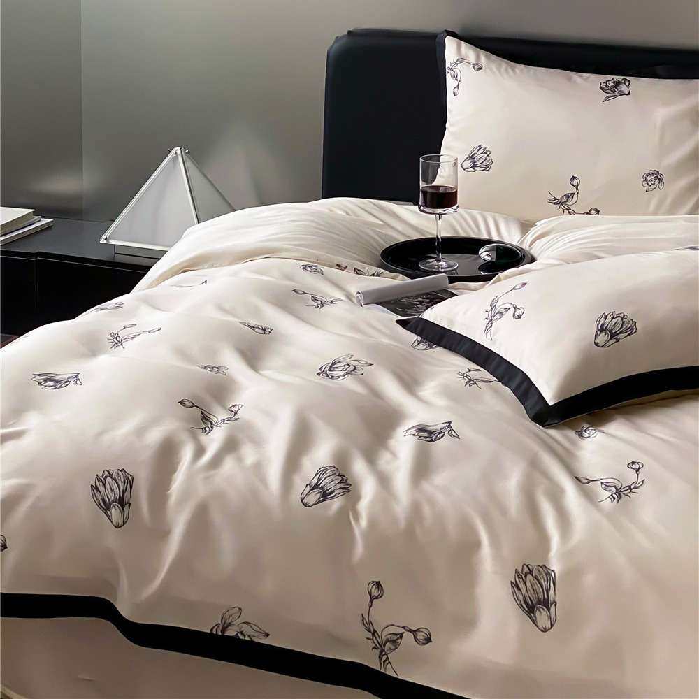 天丝中式水墨图案四件套夏季冰丝凉感裸睡丝滑被套轻奢床品