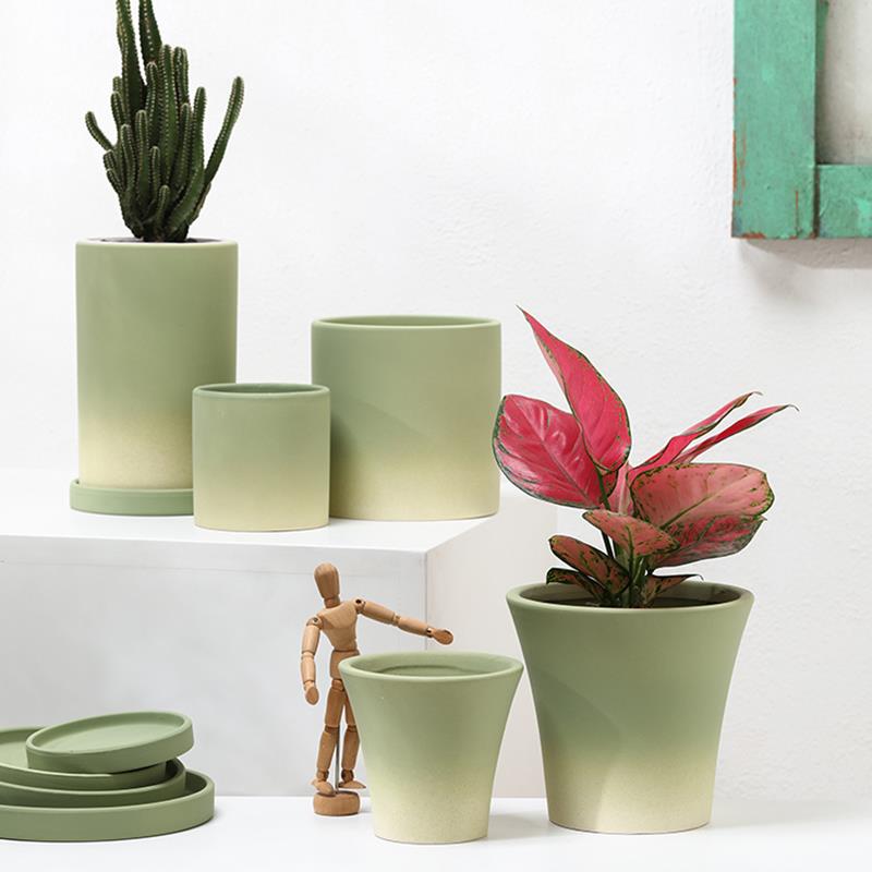 北欧渐变橄榄绿色陶瓷素烧花盆有孔带托盘吸水透气绿植花卉虎金小