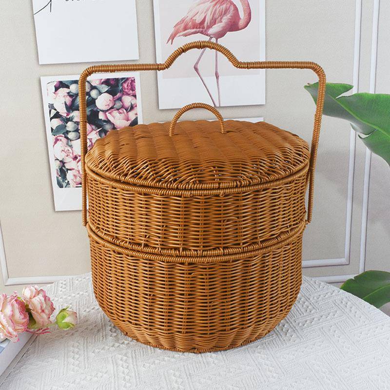 带盖野餐双层篮子家用圆形拜拜篮子仿藤编手工编织手提篮收纳篮