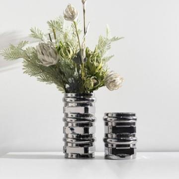 北欧银色层叠花器陶瓷摆件样客厅插花软装饰品样板房酒店民宿摆设