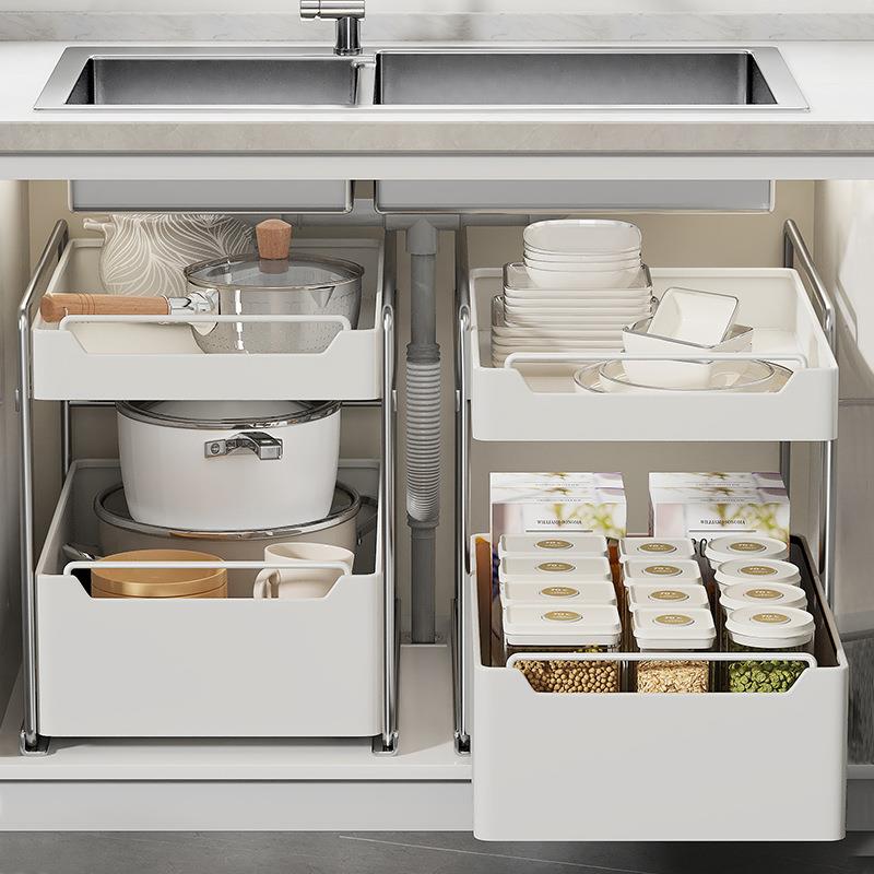 不锈钢厨房置物架下水槽调料锅具分层抽拉橱柜拉篮收纳整理置物架