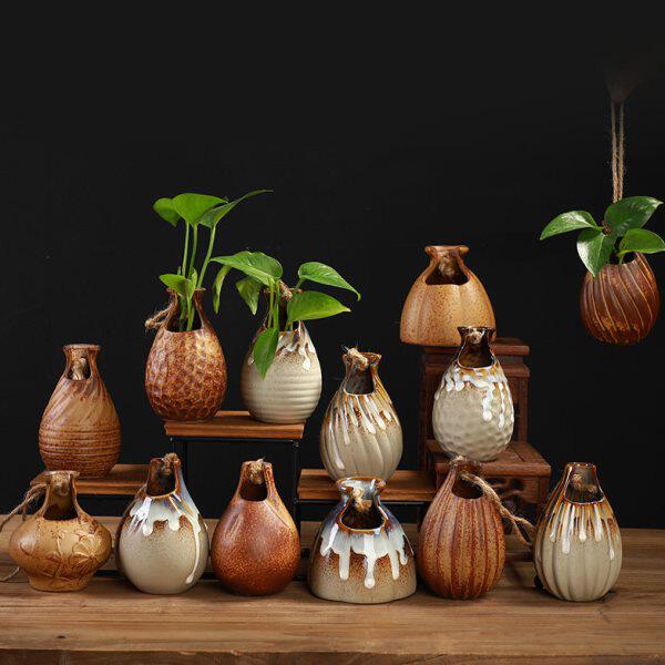 创意悬挂式陶瓷小花瓶迷你小吊瓶墙壁挂件粗陶复古绿萝水培小花器