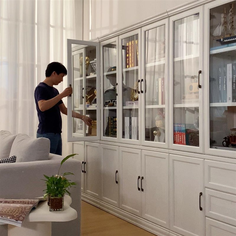 客厅实木书柜带玻璃门整墙书架落地陈列展示N柜白色收纳置物柜一