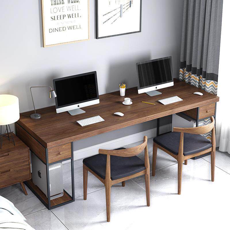 loft书桌实木家用双人电脑桌书桌书柜一体带抽办公桌写字台