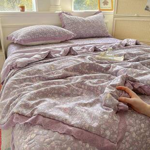 水洗棉皱绉纱夹棉床盖四件套韩版花边被套防滑床单四季款可机洗