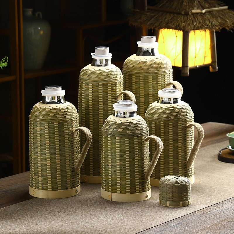竹编茶壶玻璃内胆热传统木塞热水壶复古水瓶家用T开水瓶保温瓶精