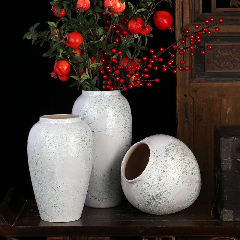 现代简约陶c瓷花瓶中式摆件复古小清新干花插花手工白色粗陶罐瓷