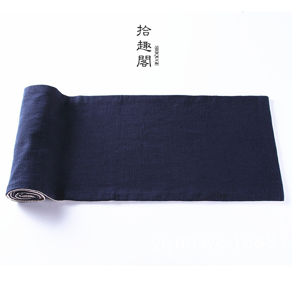 【拾趣阁】手f工加厚水洗麻布 茶桌布 茶席 茶垫 藏蓝色棉麻 桌旗