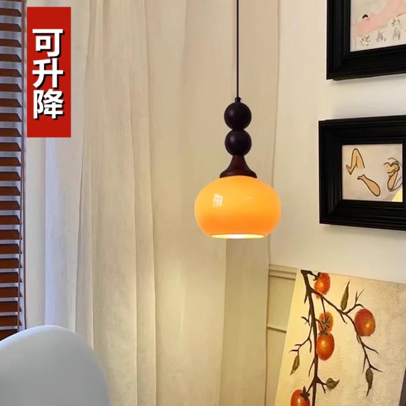 中古卧室床头小吊灯2025新款法式复古单头实木吧台艺术可升降主灯
