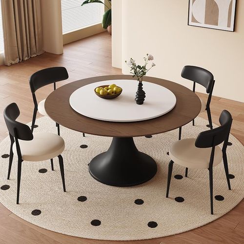 轻奢岩板实木餐桌2025新款客厅家用高级感圆形吃饭桌子带旋转圆盘