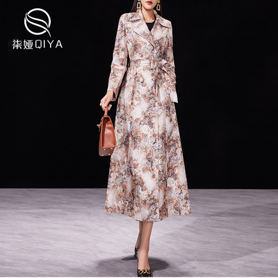 时尚印花风衣外套女春秋气质收腰显瘦双排扣中长款大衣2025年新款
