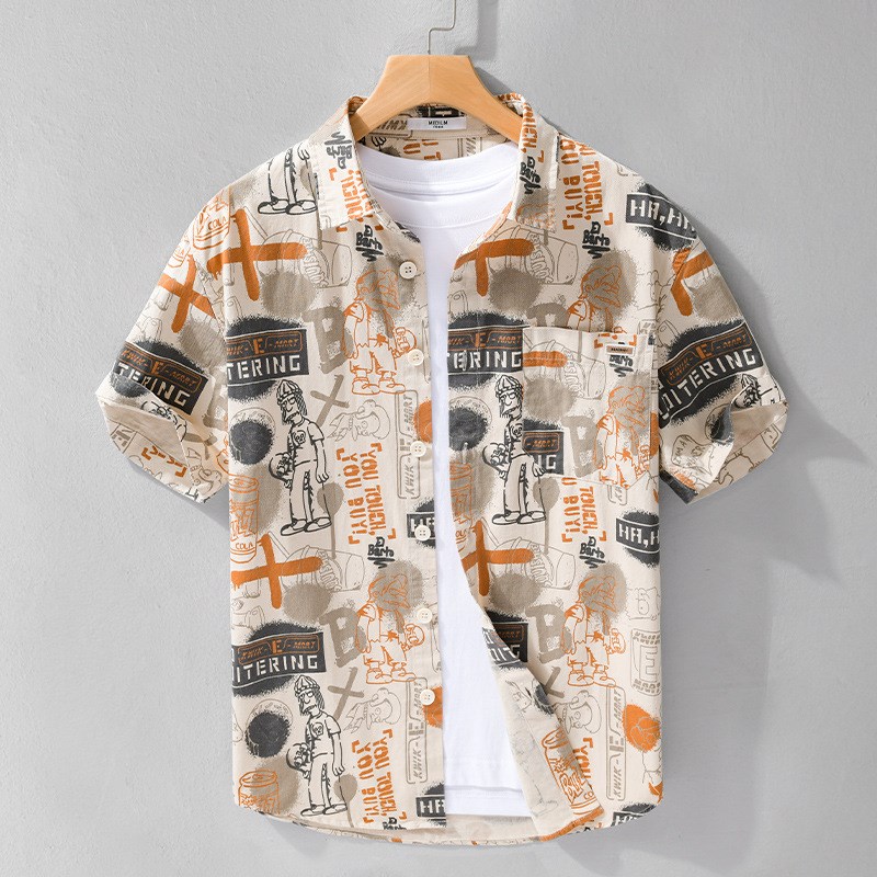 日系潮牌印花纯棉短袖衬衫夏季男装时尚个性休闲宽松流行百搭上衣