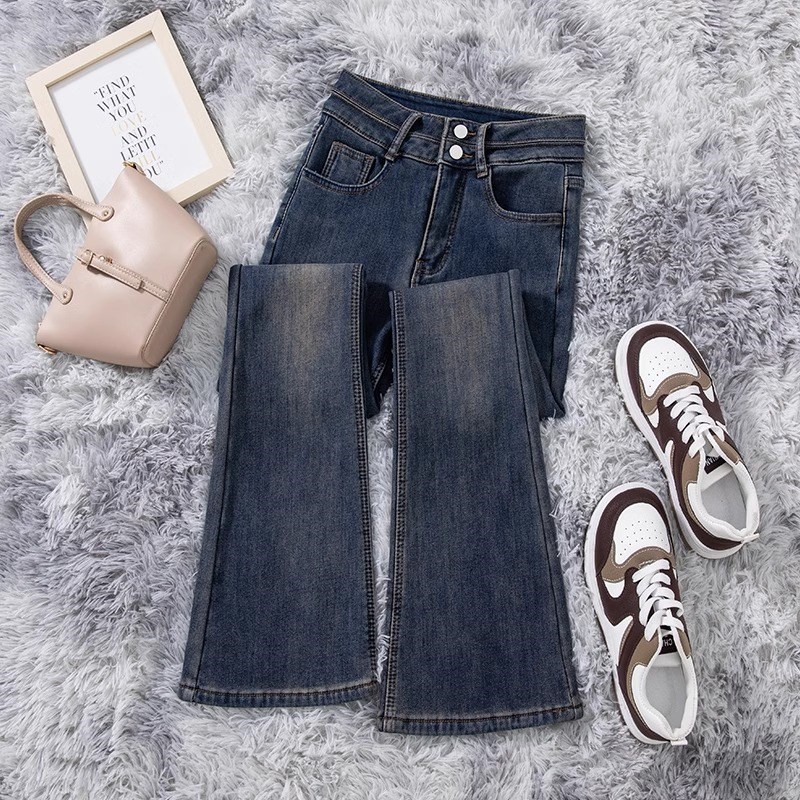 小个子微喇牛仔裤子女新款2025爆款春秋水泥灰高腰显瘦九分喇叭裤