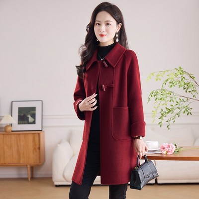 红色减龄长毛款双面羊绒大衣女2025年新款高级感中长款羊毛呢外套