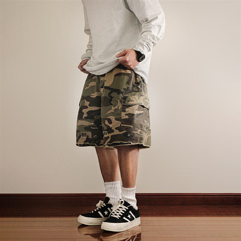 美式复古做旧毛边迷彩多口袋工装军短裤夏季休闲宽松潮牌五分裤男