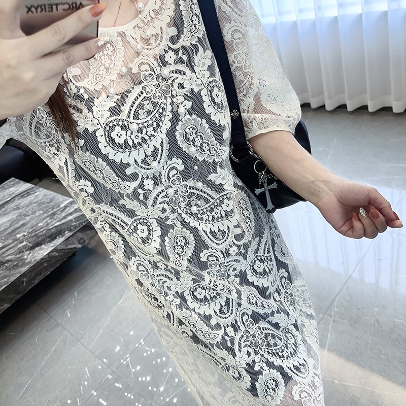 仙女也时尚 大码女装胖mm新款夏装短袖2024年蕾丝两件套连衣裙子