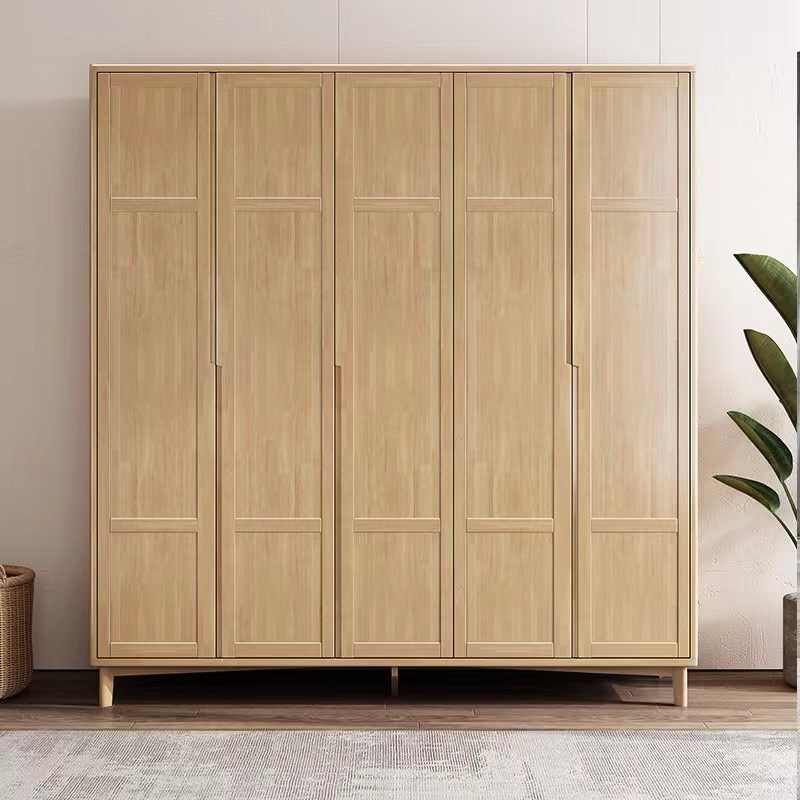 北欧原木色实木衣柜卧室家用平开门四五六门储物收纳柜工厂