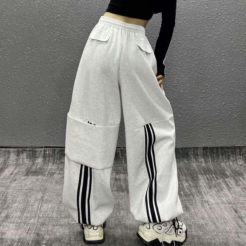 条纹拼色运动休闲裤女2025春新款高腰宽松显瘦百搭直筒束脚卫裤子