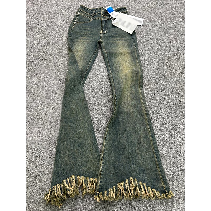 胖mm美式复古微喇牛仔裤女300斤大码女装裤子显瘦辣妹流苏喇叭裤