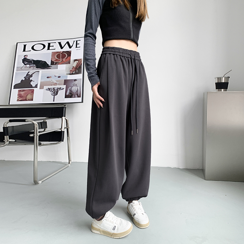 深灰色运动裤女秋冬大码胖mm宽松显瘦垂感休闲裤直筒阔腿束脚卫裤