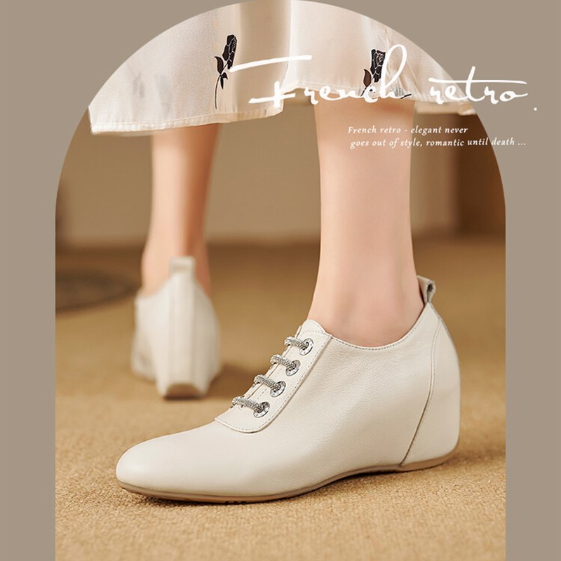 春秋季深口圆头内增高高跟单鞋女米白色鞋子软皮软底真皮女鞋 XTT