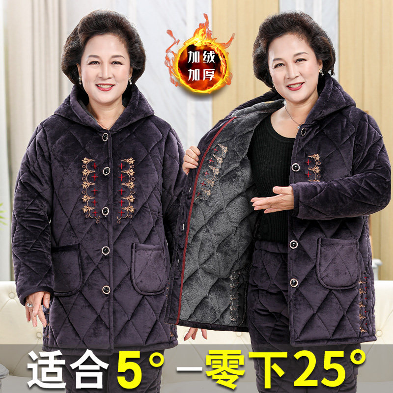 冬季中老年妈妈加绒睡衣女连帽中长款老人棉袄奶奶家居服保暖套装