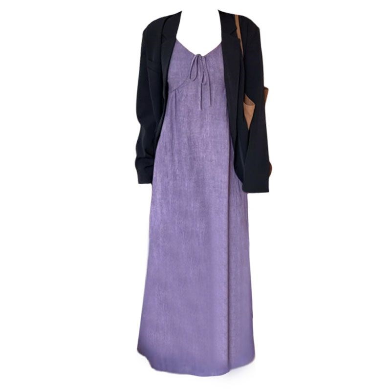 大码胖mm流行漂亮套装裙女秋季西装外套纯欲吊带轻熟连衣裙两件套