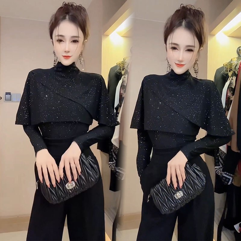 欧货网红时髦t恤女2023秋季新款设计感半高领大气斗篷上衣打底衫