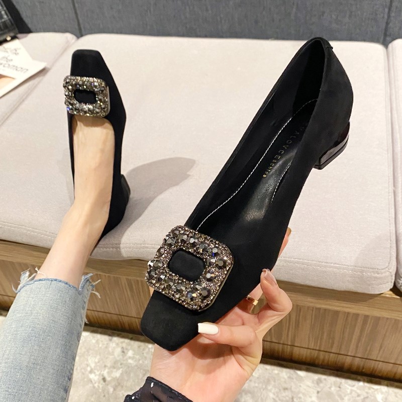 气质水晶黑色绒面单鞋女低跟方头2025年新款配裙子法式职业平底鞋
