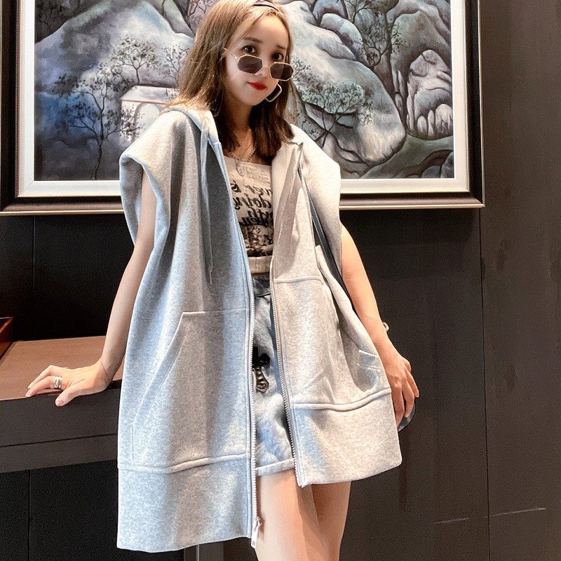 卫衣马甲开衫女欧货洋气时尚减龄中长款连帽韩版2021网红马夹显瘦