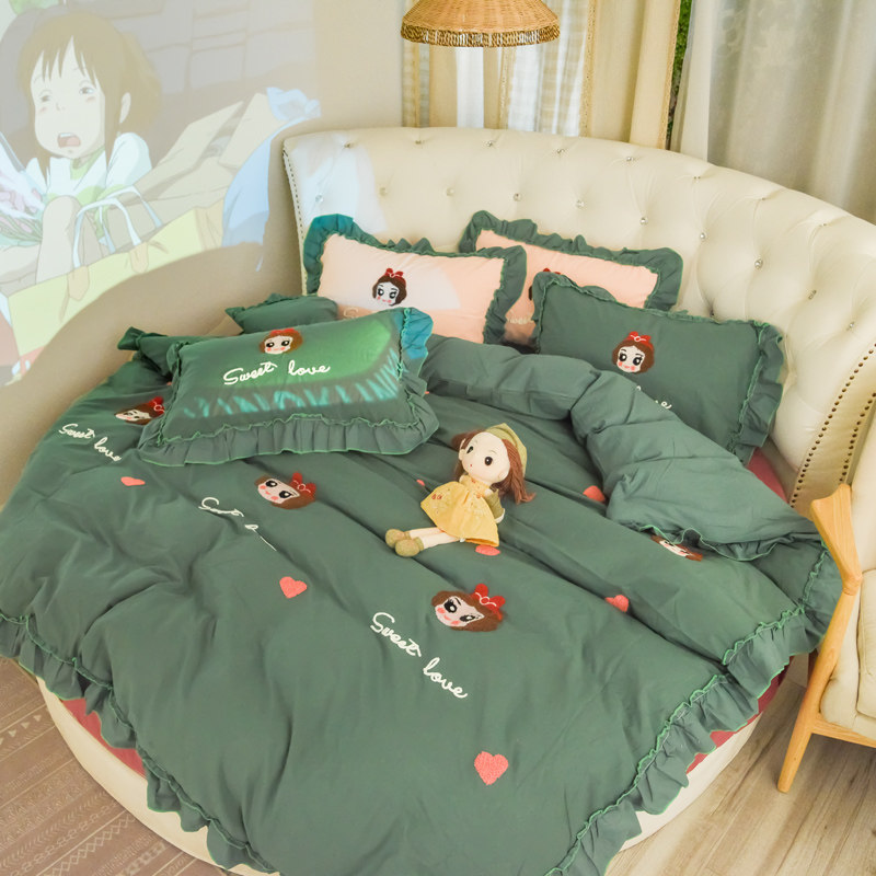 少女心公主风纯棉水洗棉圆床四件套园形床笠床罩被套床上用品全棉