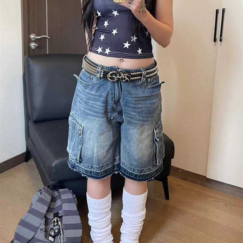 美式复古工装牛仔短裤五分裤女夏季新款宽松水洗口袋毛边直筒中裤