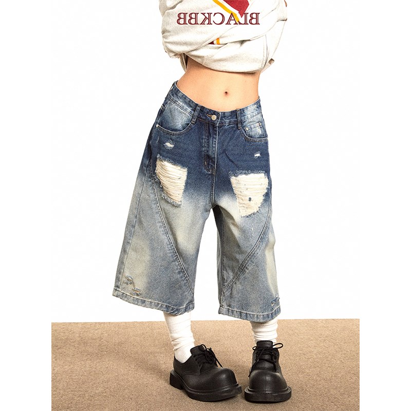 美式复古水洗宽松破洞牛仔短裤女2025夏季新款高腰显瘦阔腿七分裤