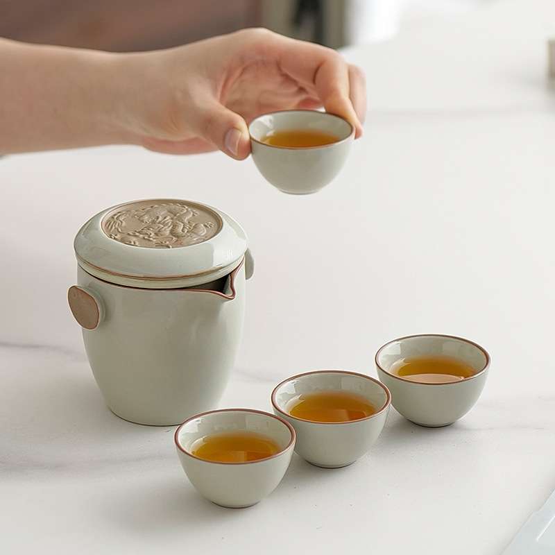 高档汝窑旅行茶具套装一人饮户外茶壶茶杯便携式功夫泡茶具快客杯
