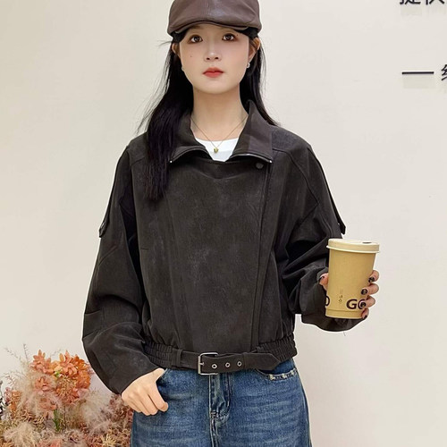 潮牌短款防风翻领皮衣女显瘦
