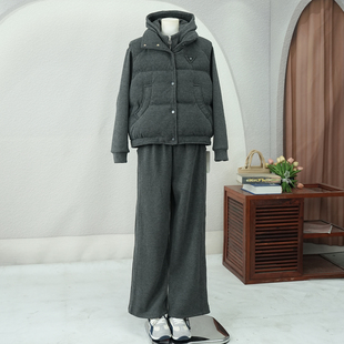 三件套立领棉马甲连帽外套阔腿直筒长裤 女2025冬 加绒保暖减龄套装