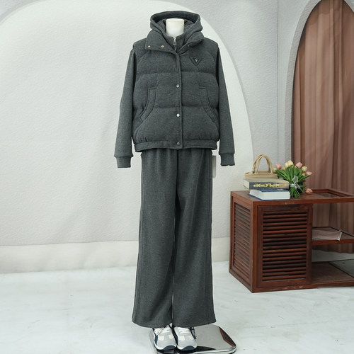 三件套立领棉马甲连帽外套阔腿裤