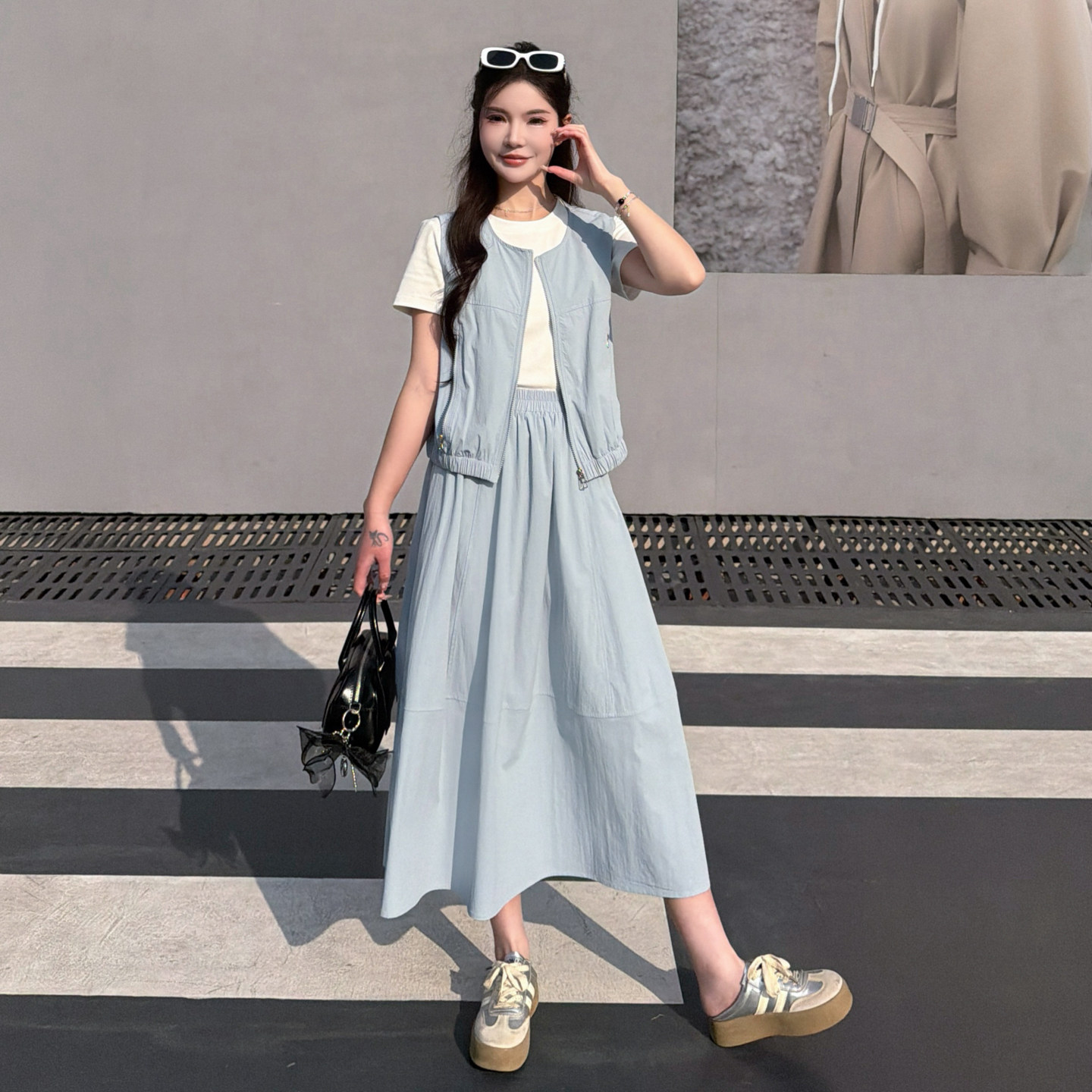 三件套夏季女柔和工装风拉链马甲收腰T恤衫中长款时尚套装裙2026